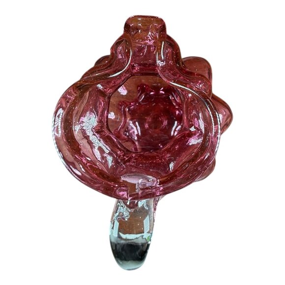 Vntg Cranberry Art Glass Pitcher Vase Clear Handle Vessel Decanter Carafe Flask - Picture 5 of 7